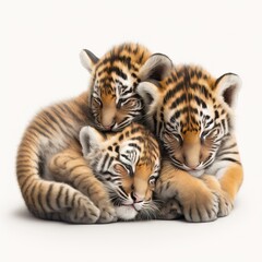 Obraz premium two baby tiger cubs cuddle together on a white background in this image is a white background with a white background and a white background with a white background with a white background and a.