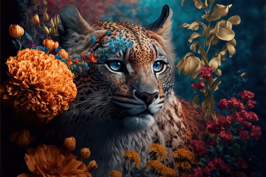  a painting of a leopard with blue eyes surrounded by flowers and plants in a dark blue background with a gold frame around the image of a leopard's head and blue eyes and a. Generative AI