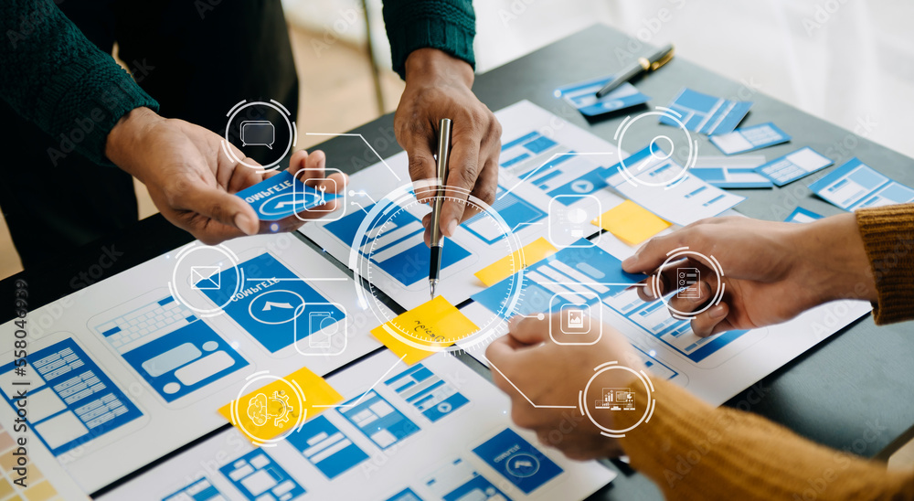 Wall mural ux graphic designer planning application process development prototype wireframe for web smart phone