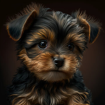 A very cute portrait of a small sweet yorki breed or Yorkshire Terrier puppy looking with big eyes. An image of a pet dog. Close up photo Created by Generative AI.