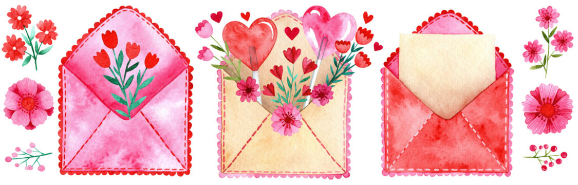 Open watercolor love letters as an illustrated set in pink, beige and red for valentines day with floral elements. Illustration for design, print or background.