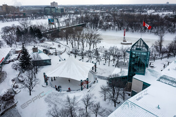 The Forks Market Place in downtown Winnipeg.  Canadian winter.  Ice skating on the river.