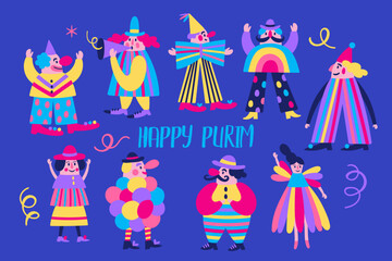 Purim holiday cute carnival clown set. Childish print for greeting cards, posters, invitations and stickers.