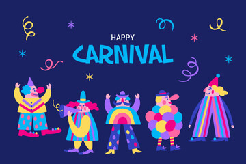 Purim holiday cute carnival clown set. Childish print for greeting cards, posters, invitations and stickers.