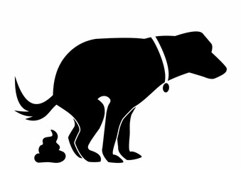Pooping dog, excrement, black silhouette, vector illustration on white background, caution sign