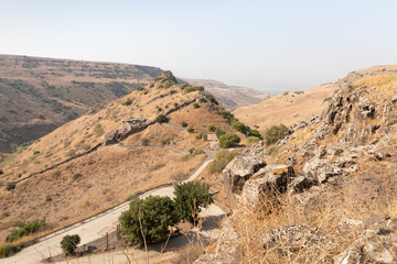 The hill  on which the ruins of the Jewish city of Gamla, destroyed during the Roman Empire, located in the Gamla Nature Reserve, Golan Heights, northern Israel