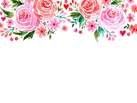 Loose watercolor floral top border featuring red and pink loosely painted expressive roses and blossoms. Blank space for text. Illustration for design, print or background.