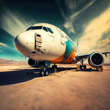  a large jetliner sitting on top of an airport tarmac under a cloudy blue sky with a yellow stripe down the side of it and a yellow line on the tarmac with a yellow line. Generative AI