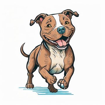  a brown and white pit bull dog running with its mouth open and tongue out, with a smile on its face, on a white background with a blue border and white border with a. Generative AI