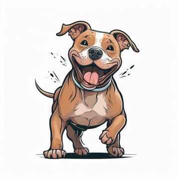  a brown and white dog standing on top of a white floor next to a white wall with the words happy dog on it's chest and a white background with a brown and a. Generative AI