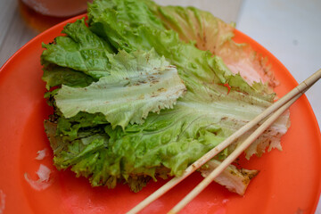 Green Lettuce Sheets on Plastic Plate with Wooden Chopsticks