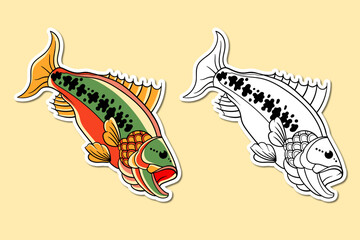 Illustration sticker of an old school salmon tattoo