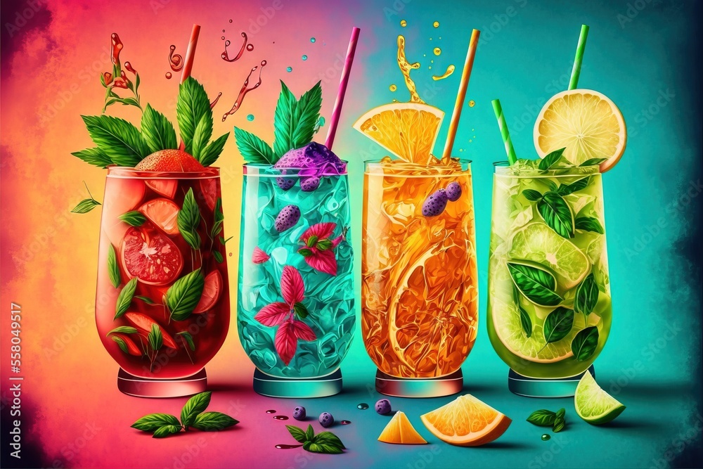 Poster a group of four different colored drinks in glasses with straws and garnishes on a colorful backgrou