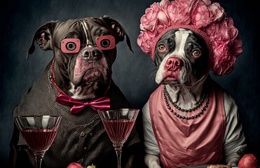 two bulldogs on a valentines day date (generative ai)