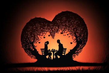 silhouette of a couple eating a romantic dinner - generative ai