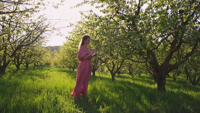 a girl at sunset paints in cherry orchards. The artist paints in the garden. Creative girl is painting a beautiful picture in the garden, holding a palette and brush, using tools to create a canvas.