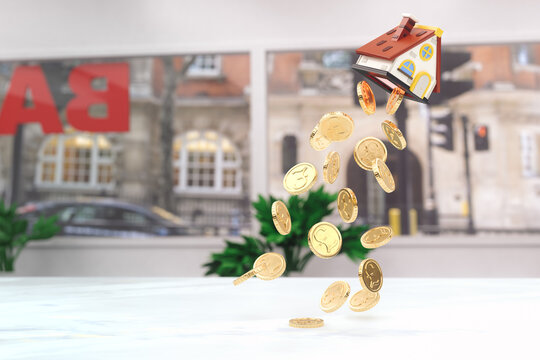 3D illustration on the theme of rising real estate prices. The building takes off on a stream of crumbling uk pound coins. House prices grew.