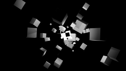 The 3d illustration of abstract multiple white cube in explode style with another cube in the black space