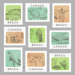Post mark set with canada, brazil national elements