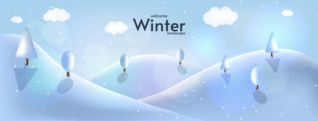 Fototapeta na wymiar Winter season horizontal vector illustration. 3d style. Hills with trees. Blizzard, snowfall. Greeting card.