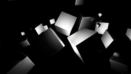 The illustration 3d render of abstract explode concept three black cube box in the black space