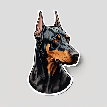  a sticker of a doberman on a white background with a black and tan dog's head and ears, with a brown spot on the left side of the sticker of the head. Generative AI