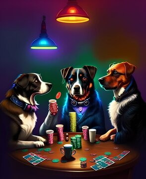 Three dogs playing poker and smoking in the pub created by generative AI