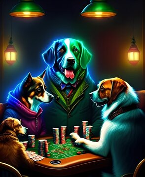 Three dogs playing poker and smoking in the pub created by generative AI
