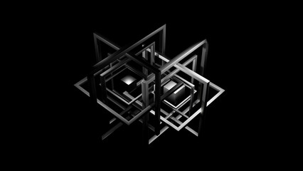 The illustration 3d render of abstract concept black cube box with abstract square frame in the dark black scene