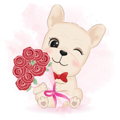 Cute French Bulldog and rose bouquet valentine's day concept illustration
