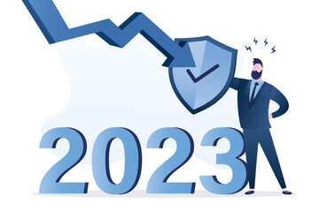 Protection and prevention from attack of economic crisis in 2023. Overcoming business problems in 2023 year. Troubles solving. Entrepreneur uses big shield to protect business from bankruptcy.