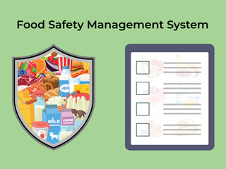 Food safety management system document and safety of eating foods document. Food safety management system with shield icon and food management policy document. All types of food with hygienic meals.