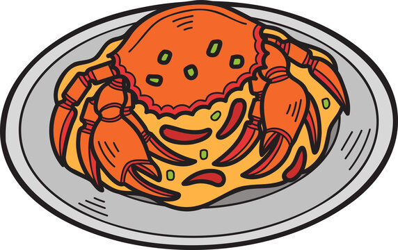 Hand Drawn Stir Fried Crab with Curry Powder or Thai food illustration