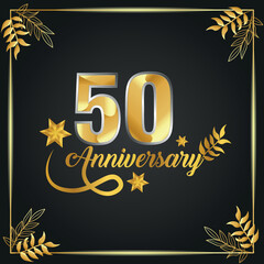 50 years old luxurious logo. anniversary year of vector gold colored template framed of palms.