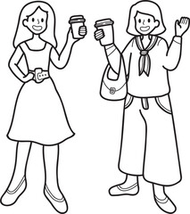 Hand Drawn woman holding coffee standing and talking illustration