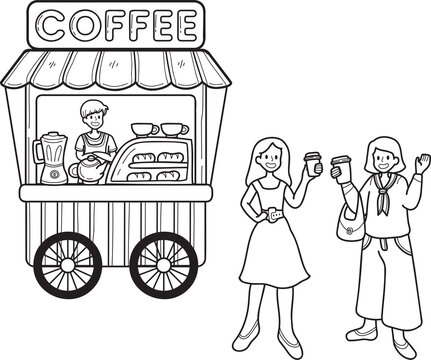 Hand Drawn Street food cart with coffee illustration