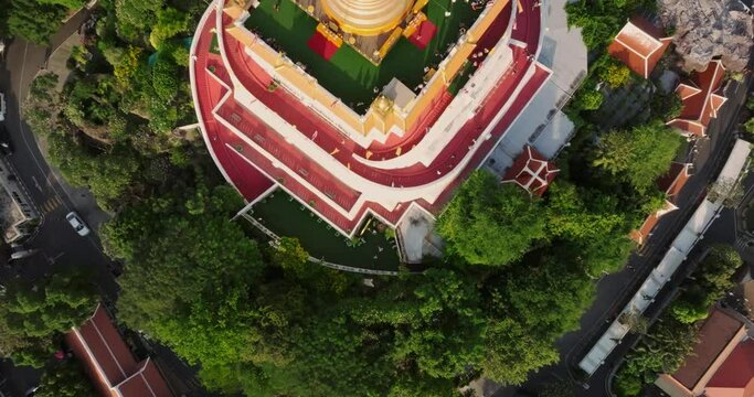 An aerial view of the Golden Mount stands prominently at Saket Temple, The most famous tourist attraction in Bangkok, Thailand.