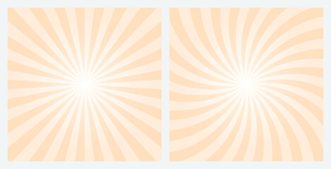 Yellow sunburst background set. Bisque brown retro style radial and spiral sunbeam rays background, pattern, wallpaper. Vector Illustrations.