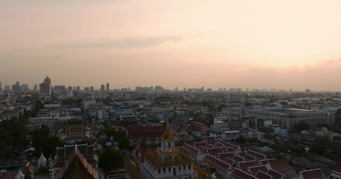 An aerial view of the Metal Castle or Loha Prasat in Ratchanatdaram Temple, The most famous tourist attraction in Bangkok, Thailand.