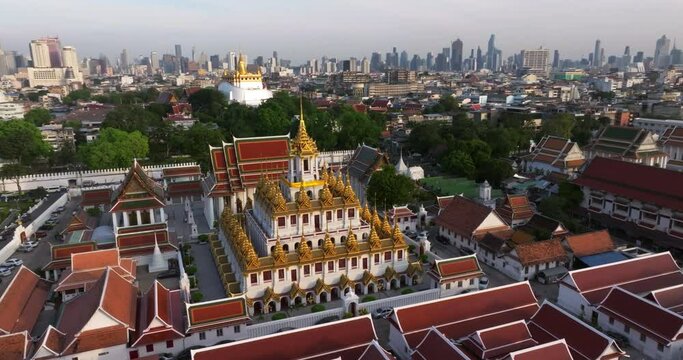 An aerial view of the Metal Castle or Loha Prasat in Ratchanatdaram Temple, The most famous tourist attraction in Bangkok, Thailand.