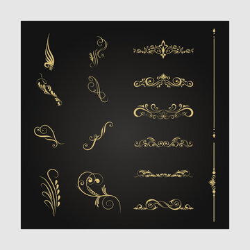 Set Of Art Deco Elements, Vector Elements Of Geometric Golden Label, Gold Frames, And Vintage Antique Elegant Design Set.