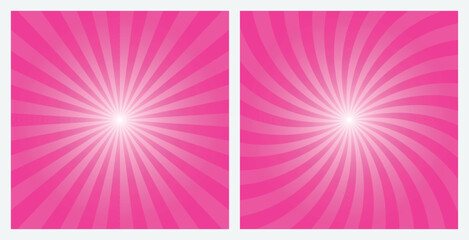 Pink sunburst background set. Deep pink retro style radial and spiral sunbeam rays background, pattern, wallpaper. Vector Illustrations.