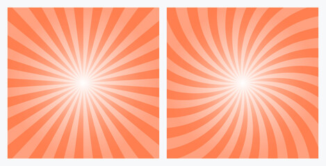 Orange sunburst background set. Coral orange retro style radial and spiral sunbeam rays background, pattern, wallpaper. Vector Illustrations.