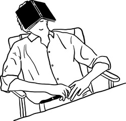 Man take a nap with book People in Library Hand drawn line art Illustration