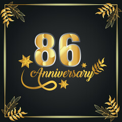 86 years old luxurious logo. anniversary year of vector gold colored template framed of palms.