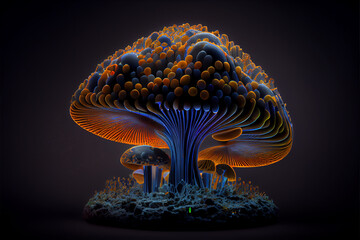 Glowing mushroom on black background. generative ai