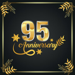 95 years old luxurious logo. anniversary year of vector gold colored template framed of palms.