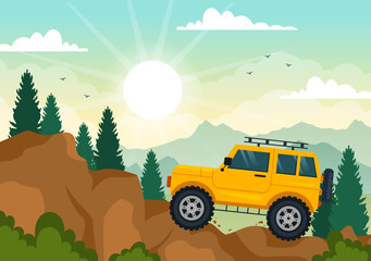 Off Road Illustration with a Jeep Car or SUV to Pass Through Rocky Terrain, Rivers and Sand in Flat Extreme Sport Cartoon Hand Drawn Templates © denayune