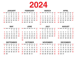 Calendar 2024 year vector illustration, Set of 12 calendar, week starts on Sunday, Simple planner template, desk calendar 2024 year, wall calendar 2024 template, print media, corporate template