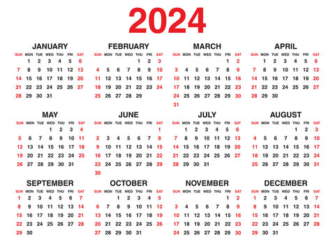 Calendar 2024 year vector illustration, Set of 12 calendar, week starts on Sunday, Simple planner template, desk calendar 2024 year, wall calendar 2024 template, print media, corporate template